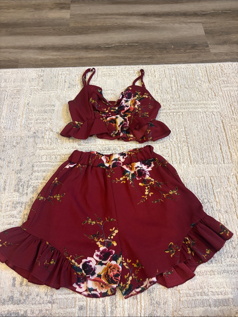 SHEIN Burgundy Floral Ruffle Skirt Set